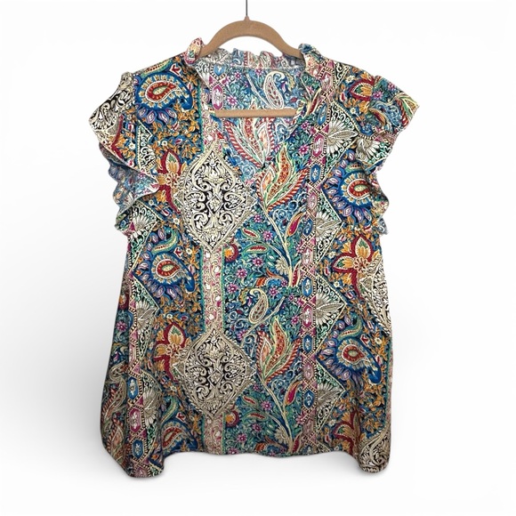 Emery Rose Tops - Emery Rose Blouse Ruffled Cap Sleeve Boho  Multicolor Paisley V Neck Top 1XL
